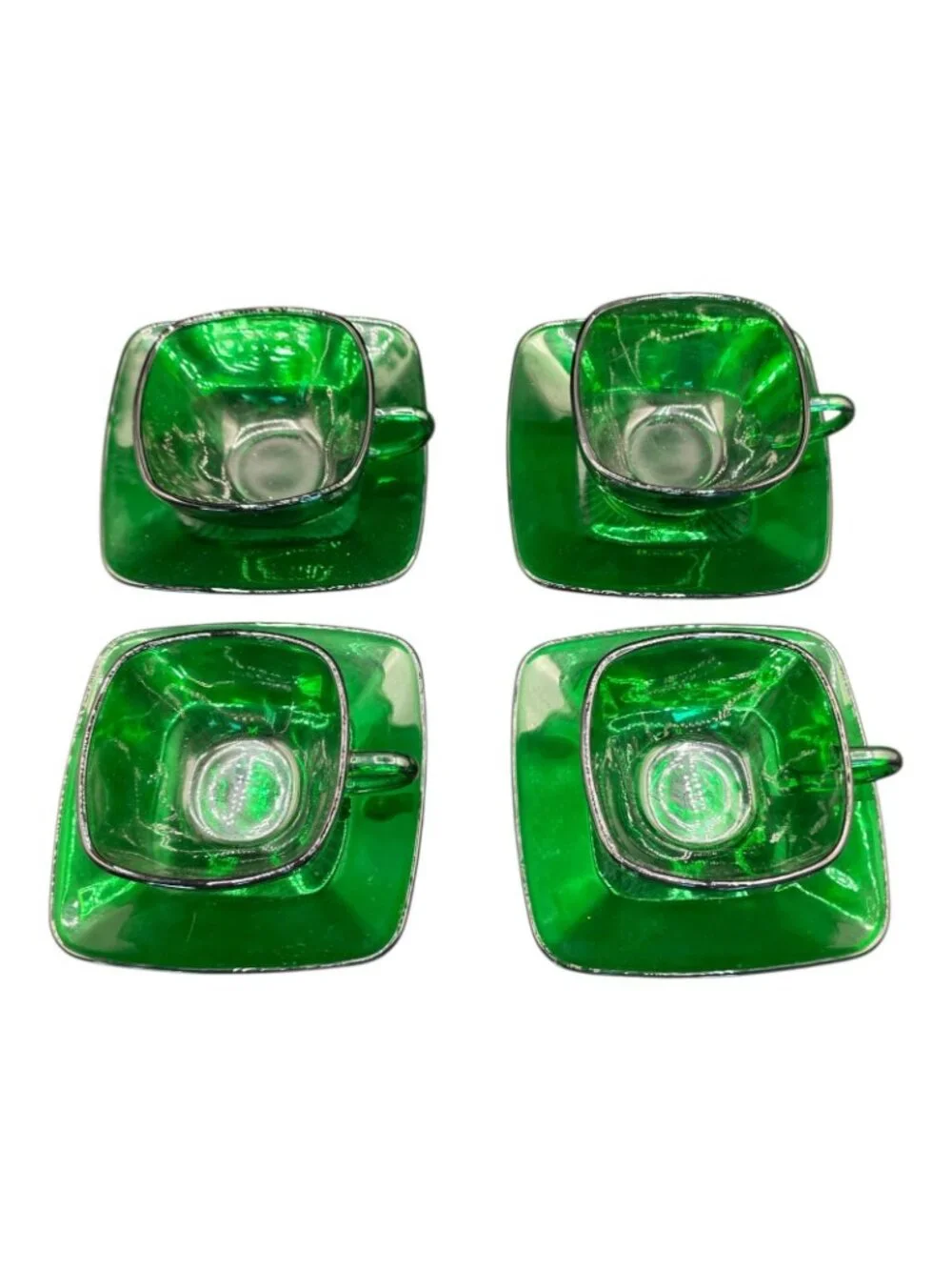 Vintage Anchor Hocking Green Glass Tea Cups & Saucers Set Of 4 MCM Design